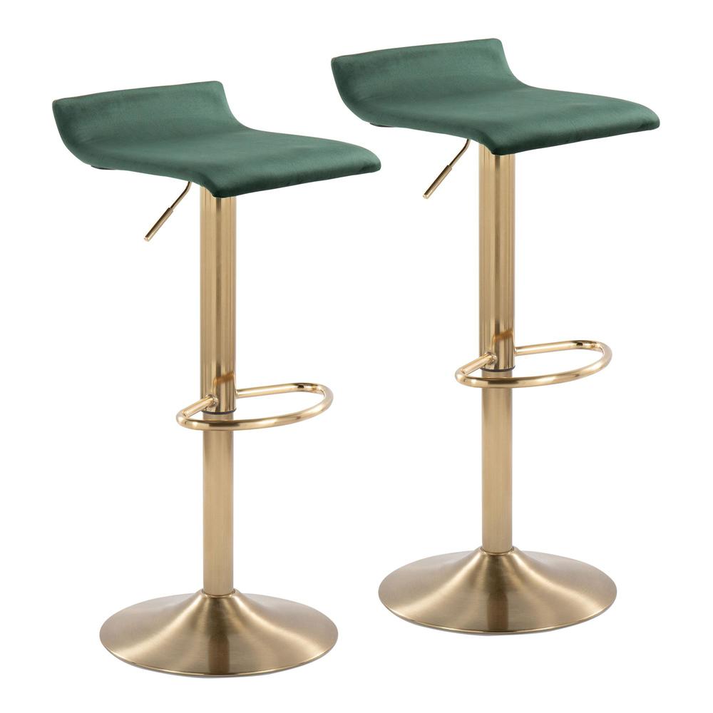 Gold Brushed Metal, Green Velvet Ale Adjustable Height Barstool - Set of 2. Picture 1