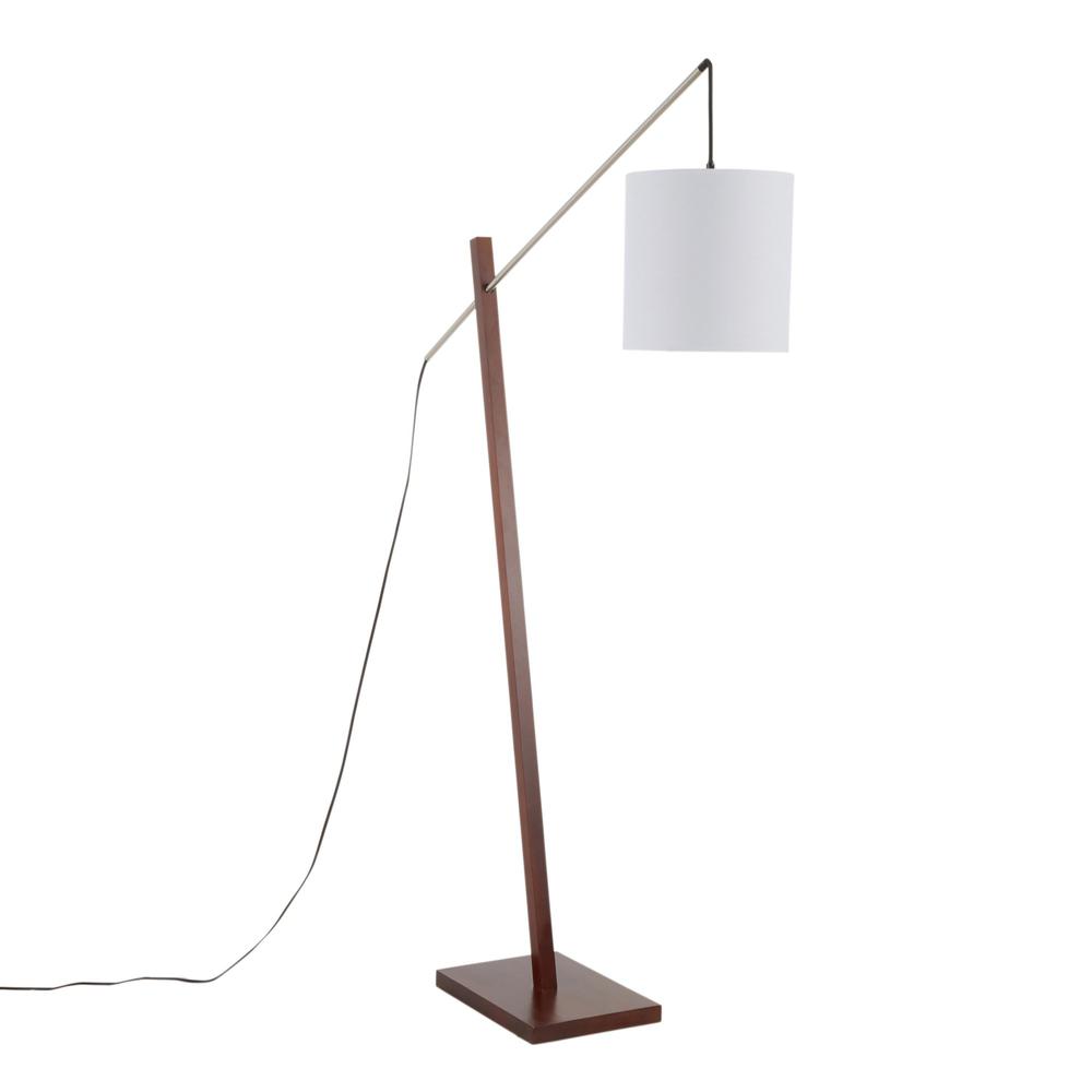 Walnut Wood, Satin Nickel, White Fabric Arturo Floor Lamp. Picture 1