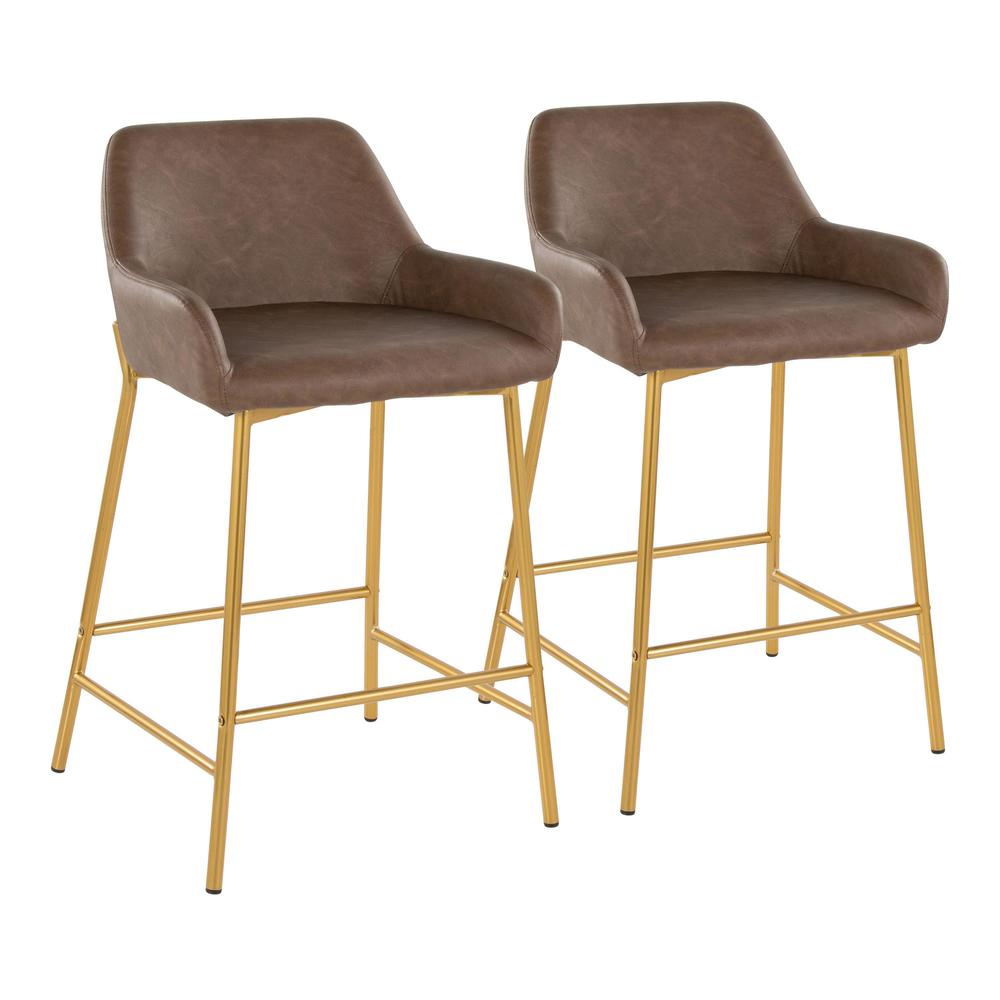 Gold Metal, Espresso PU Daniella 24" Fixed-Height Counter Stool - Set of 2. Picture 1