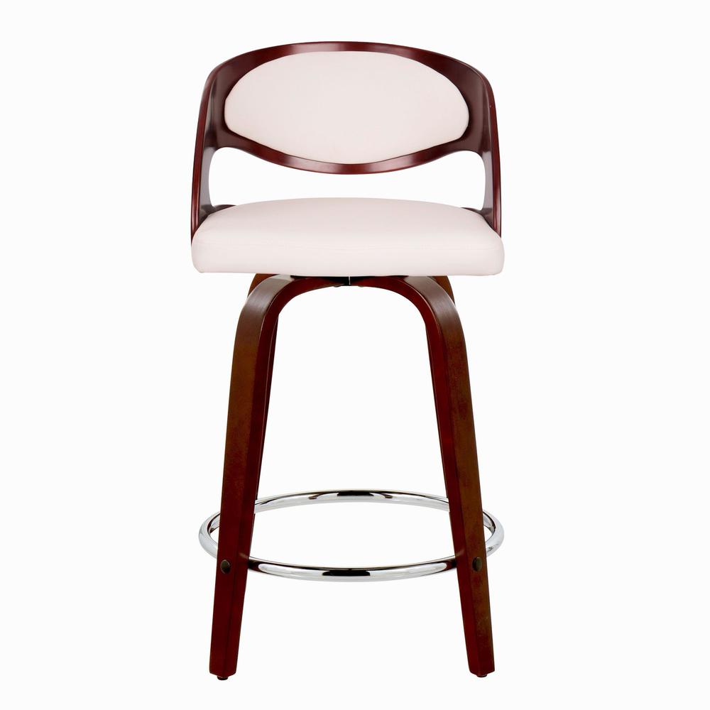 Cherry Wood, White PU, Chrome Metal Pino 24" Fixed-Height Barstool - Set of 2. Picture 6