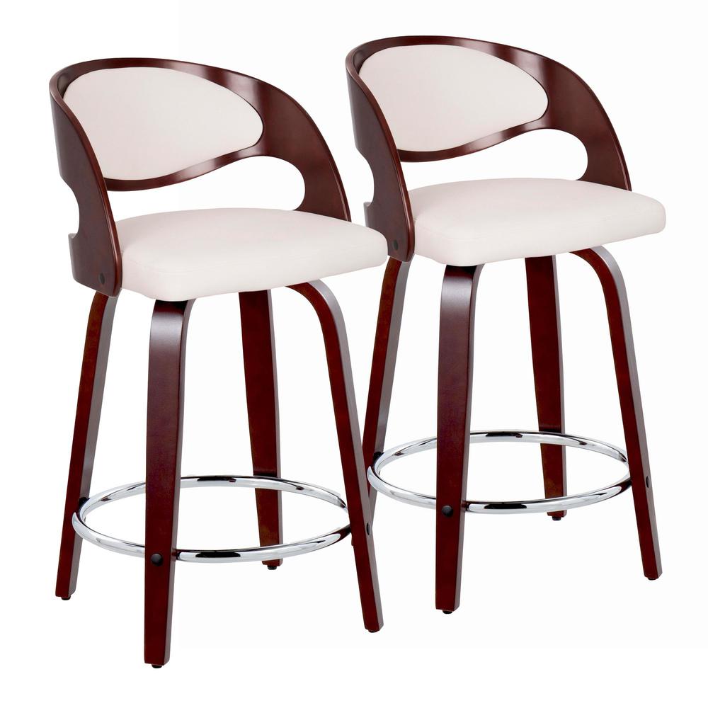 Cherry Wood, White PU, Chrome Metal Pino 24" Fixed-Height Barstool - Set of 2. Picture 1