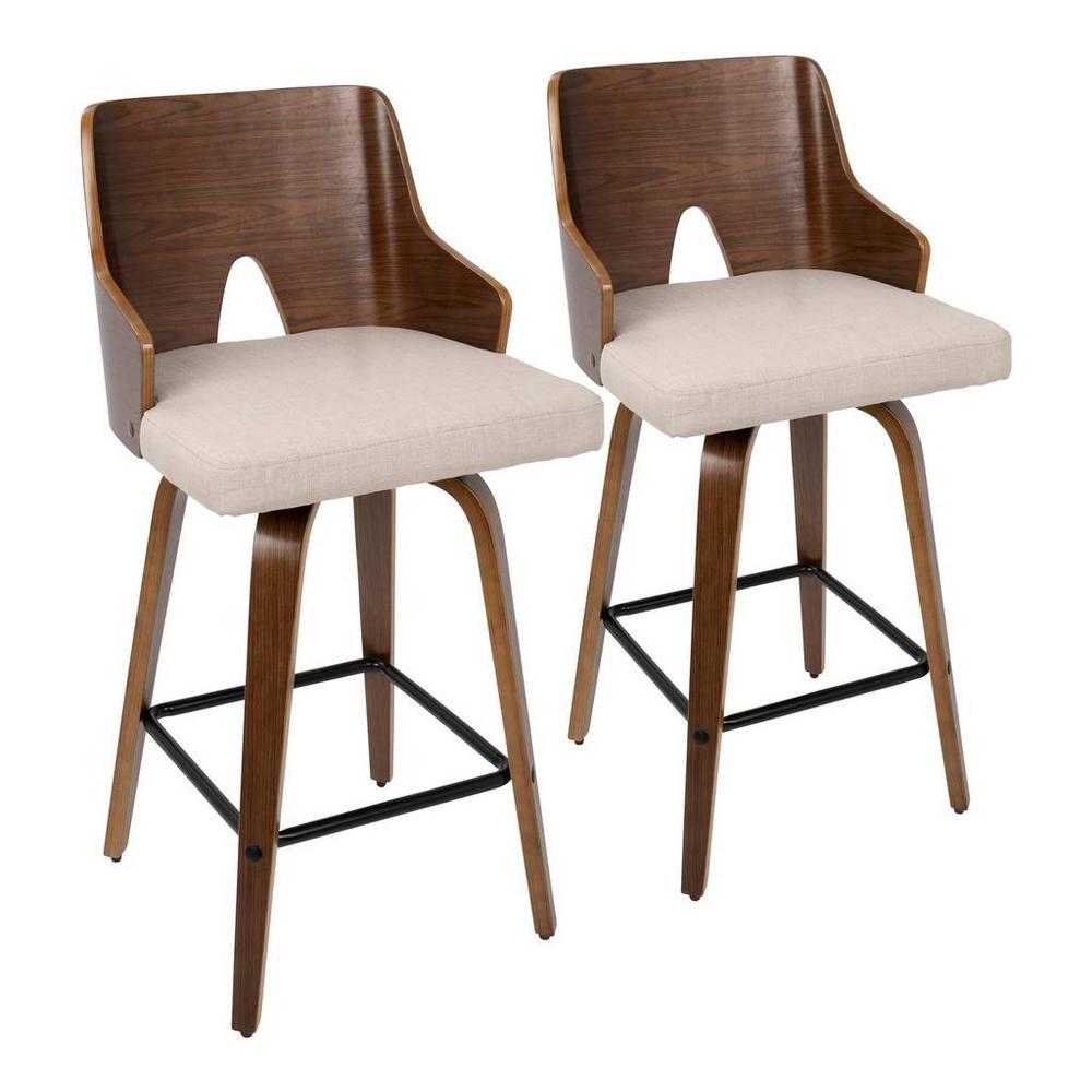 Walnut Wood, Beige Fabric, Black Metal Ariana Counter Stool - Set of 2. Picture 1