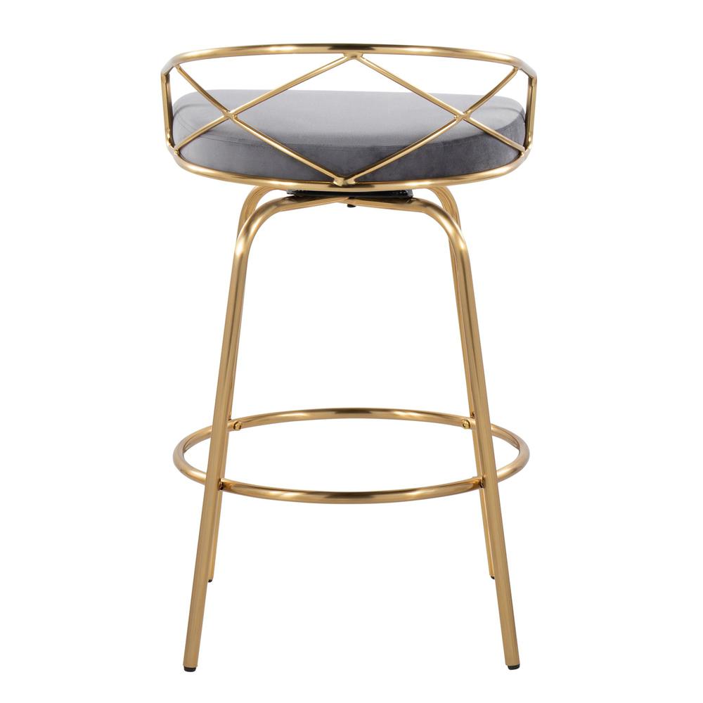 Gold Metal, Grey Velvet Charlotte Glam 26" Fixed-Height Counter Stool - Set of 2. Picture 5