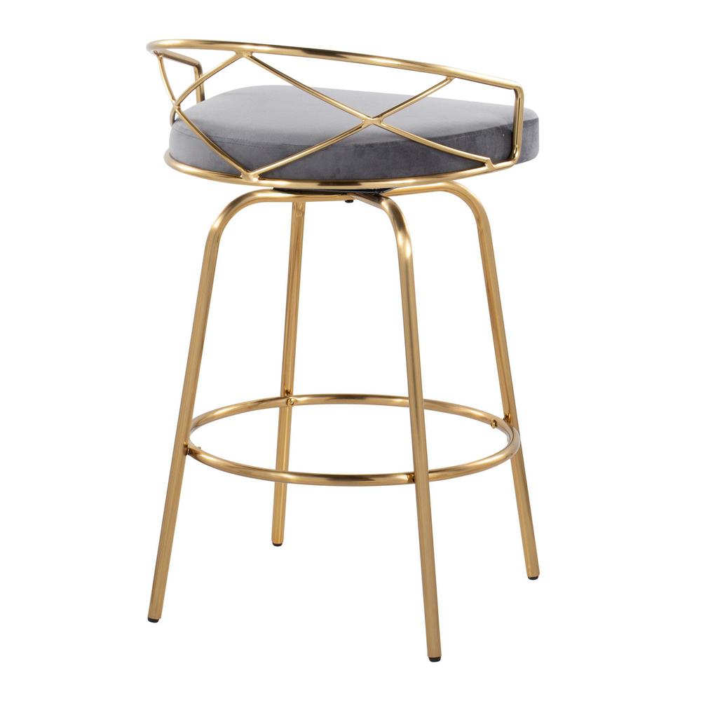 Gold Metal, Grey Velvet Charlotte Glam 26" Fixed-Height Counter Stool - Set of 2. Picture 4