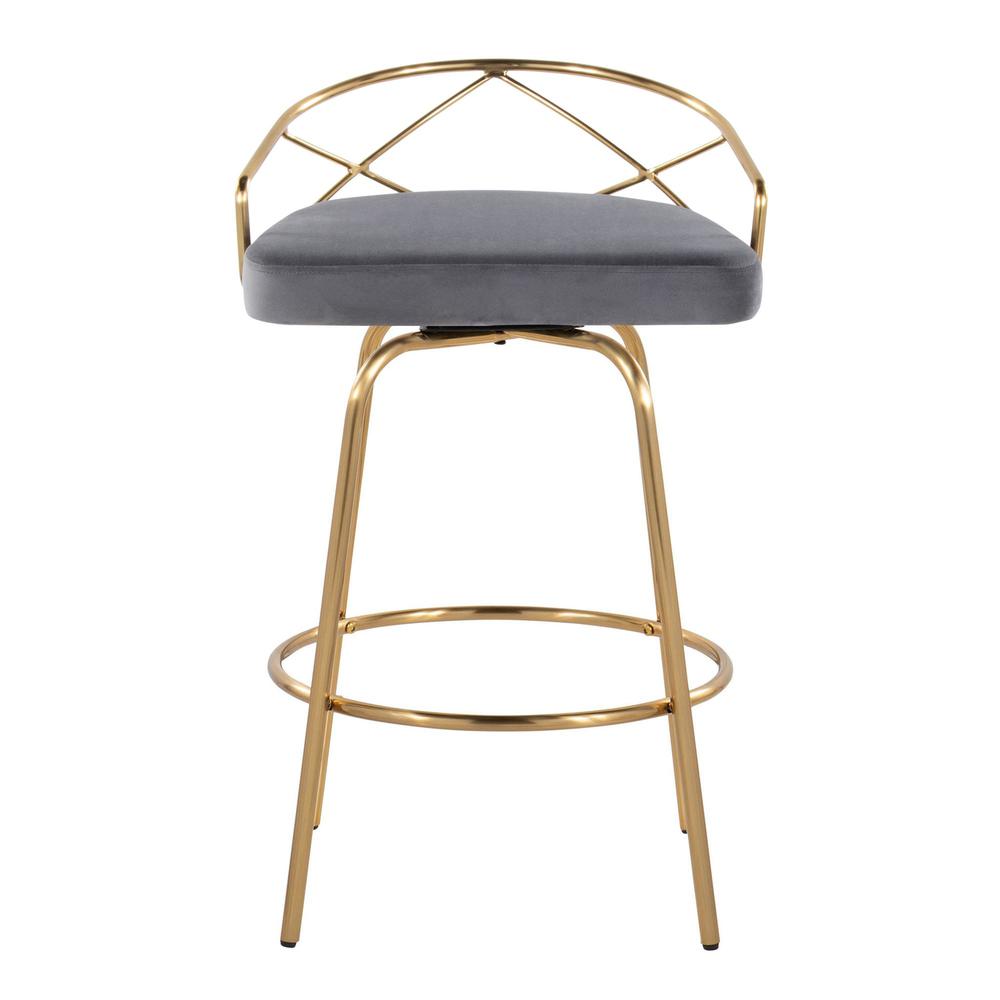 Gold Metal, Grey Velvet Charlotte Glam 26" Fixed-Height Counter Stool - Set of 2. Picture 6