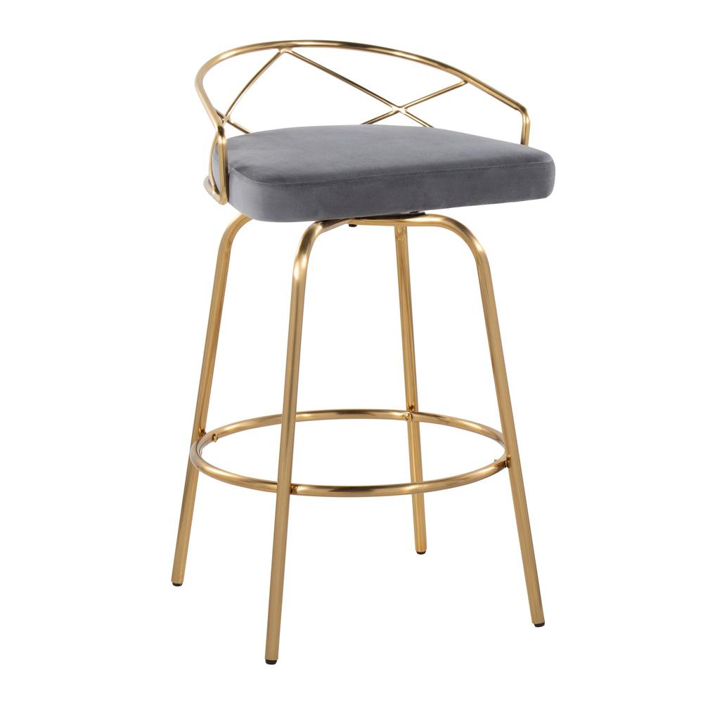 Gold Metal, Grey Velvet Charlotte Glam 26" Fixed-Height Counter Stool - Set of 2. Picture 2