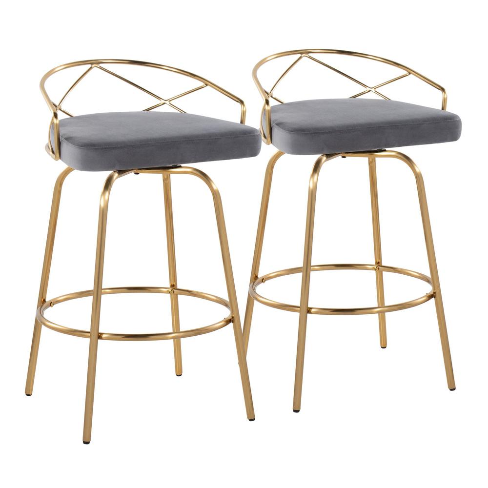 Gold Metal, Grey Velvet Charlotte Glam 26" Fixed-Height Counter Stool - Set of 2. Picture 1