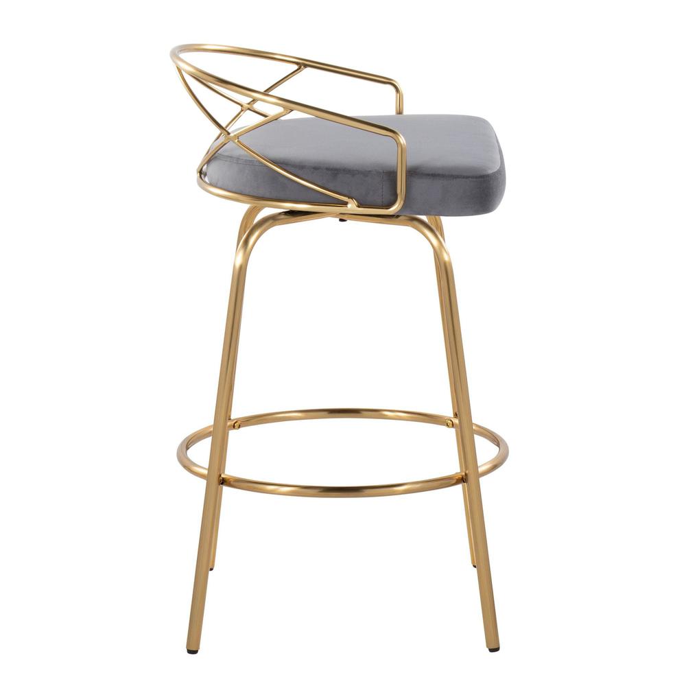 Gold Metal, Grey Velvet Charlotte Glam 26" Fixed-Height Counter Stool - Set of 2. Picture 3