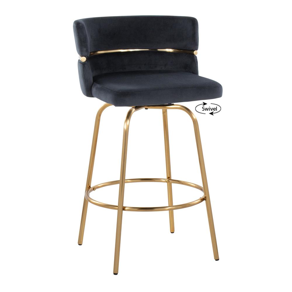 Gold Metal, Black Velvet Cinch Claire 26" Fixed-Height Counter Stool - Set of 2. Picture 2