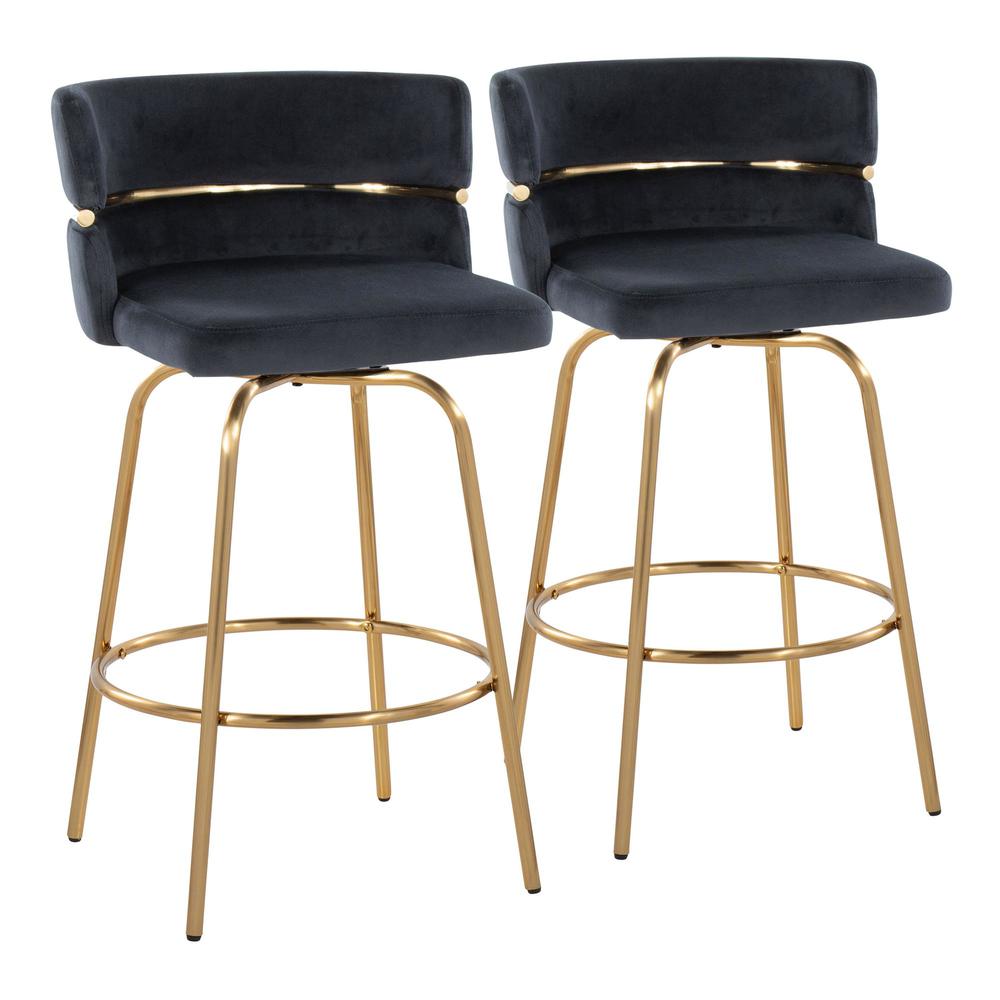 Gold Metal, Black Velvet Cinch Claire 26" Fixed-Height Counter Stool - Set of 2. Picture 1