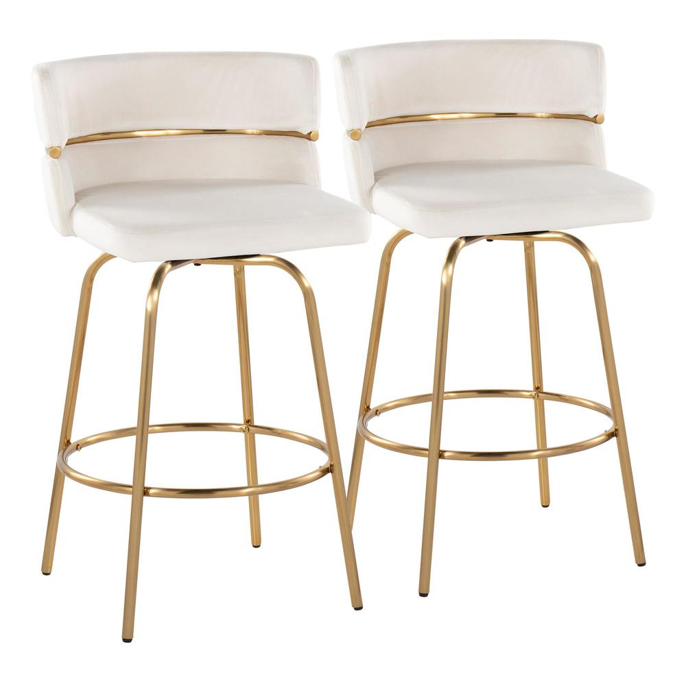 Gold Metal, Cream Velvet Cinch Claire 26" Fixed-Height Counter Stool - Set of 2. Picture 1