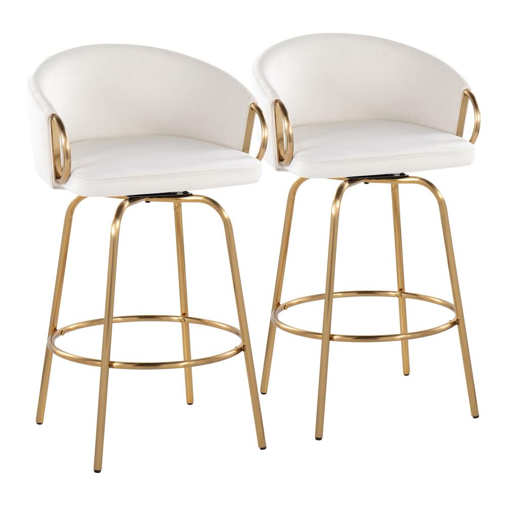 Gold Metal, Cream Velvet Claire 26" Fixed-Height Counter Stool - Set of 2. Picture 1