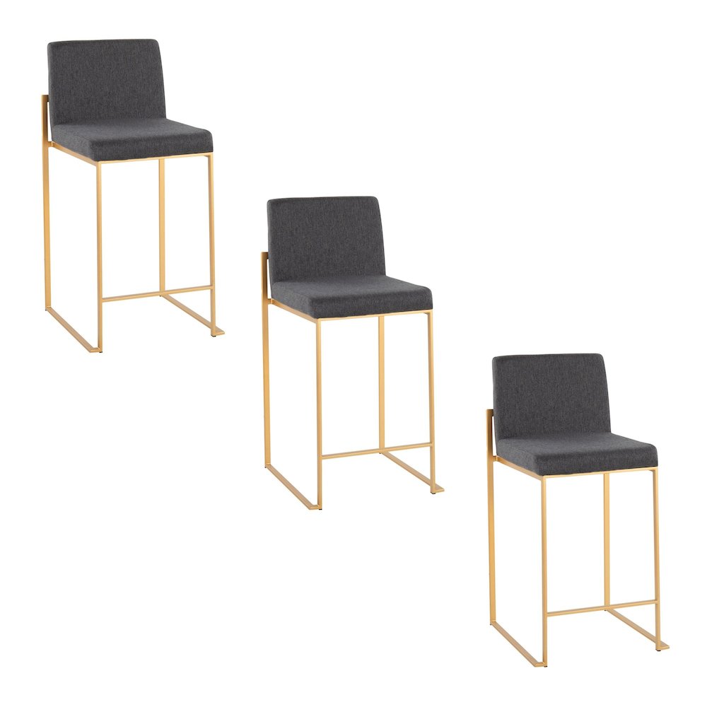 Fuji High Back 26" Fixed-Height Counter Stool - Set of 3 in Gold Steel. Picture 1