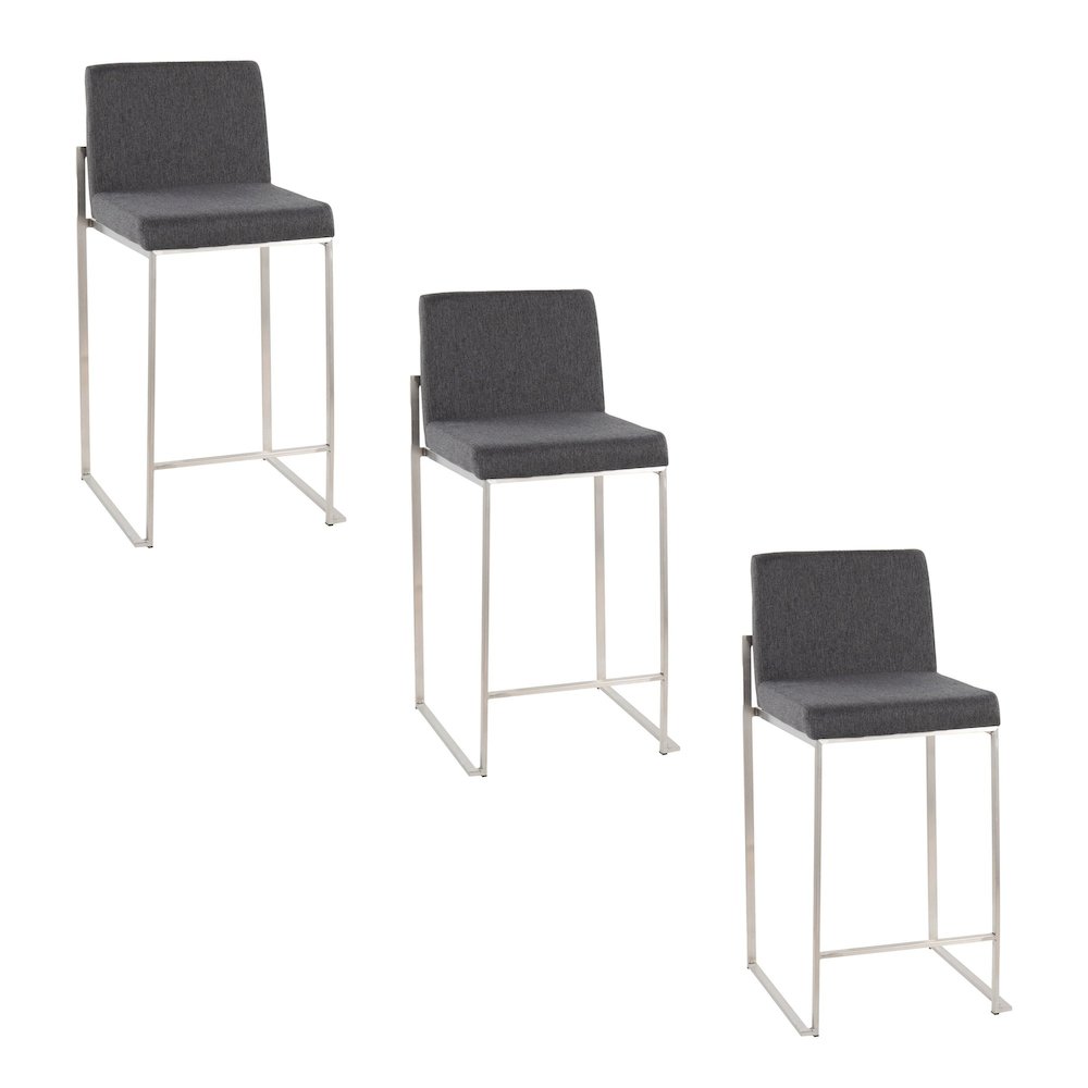 Fuji High Back 26" Fixed-Height Counter Stool - Set of 3 in Stainless Steel. Picture 1