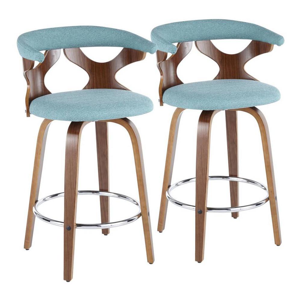 Walnut Wood, Teal Fabric, Chrome Gardenia Counter Stool - Set of 2. Picture 1