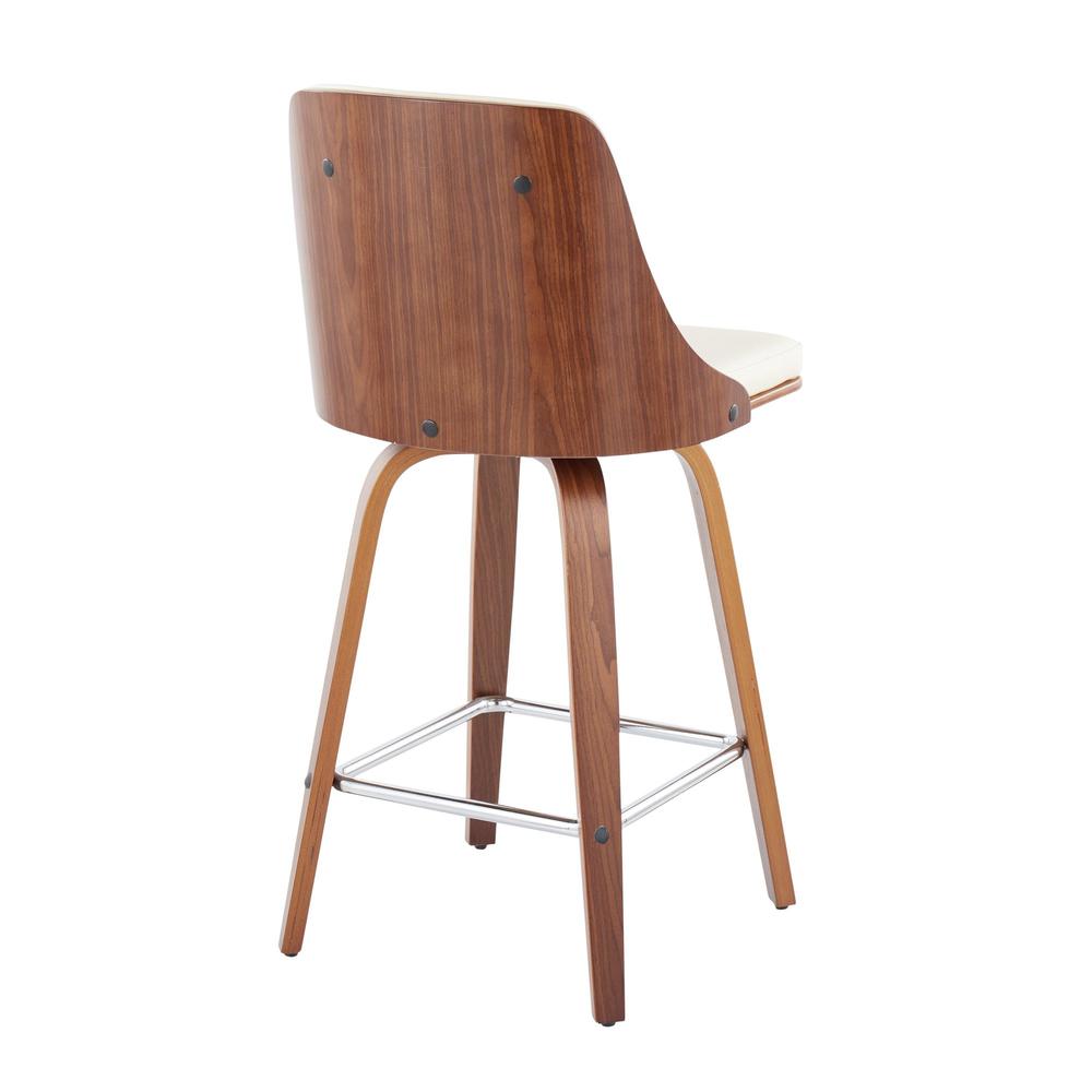 Walnut Wood, Chrome Metal, Cream PU Gianna Fixed-Height Counter Stool - Set of 2. Picture 4