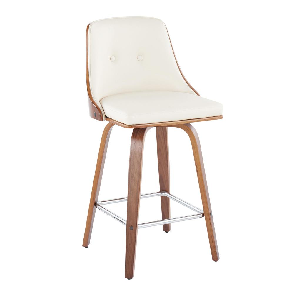 Walnut Wood, Chrome Metal, Cream PU Gianna Fixed-Height Counter Stool - Set of 2. Picture 2