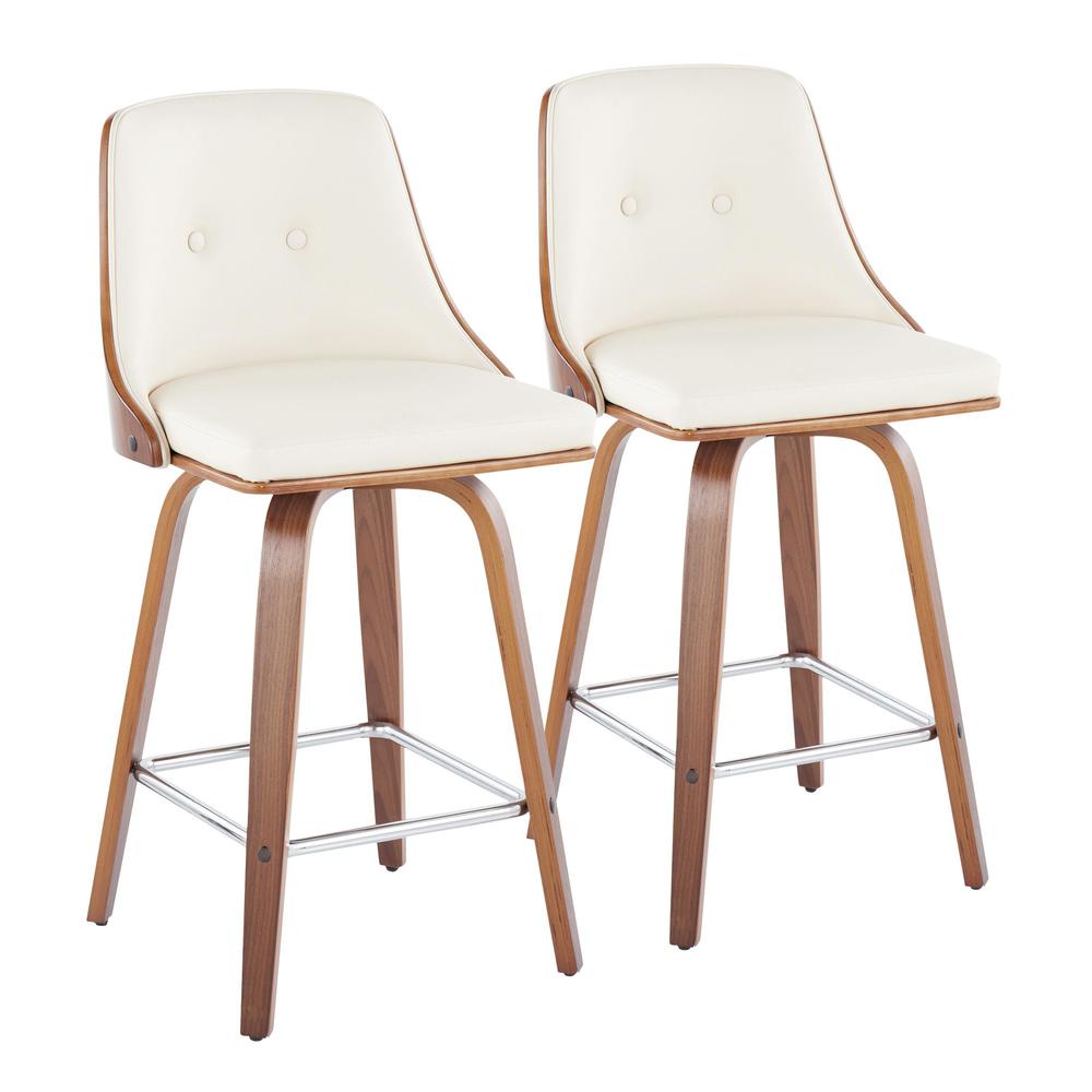 Walnut Wood, Chrome Metal, Cream PU Gianna Fixed-Height Counter Stool - Set of 2. Picture 1