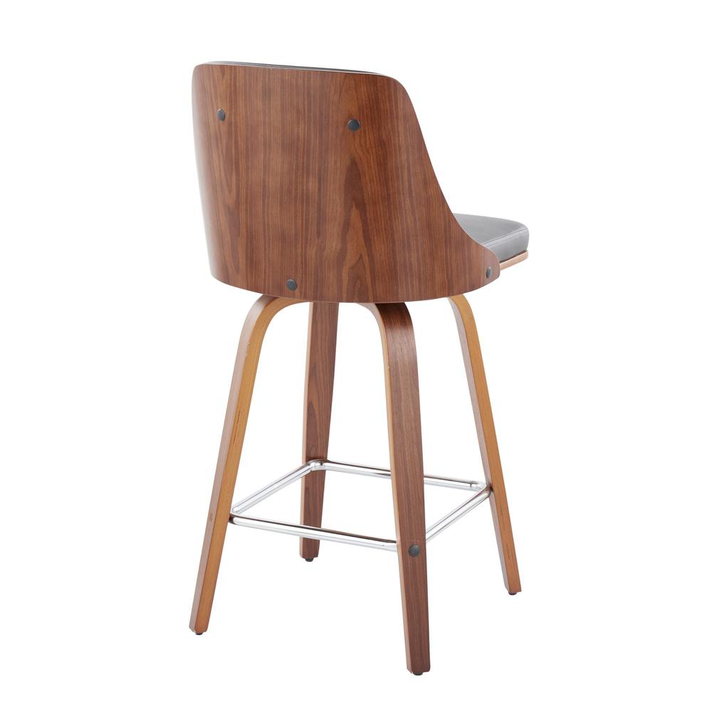 Walnut Wood, Chrome Metal, Grey PU Gianna Fixed-Height Counter Stool - Set of 2. Picture 4