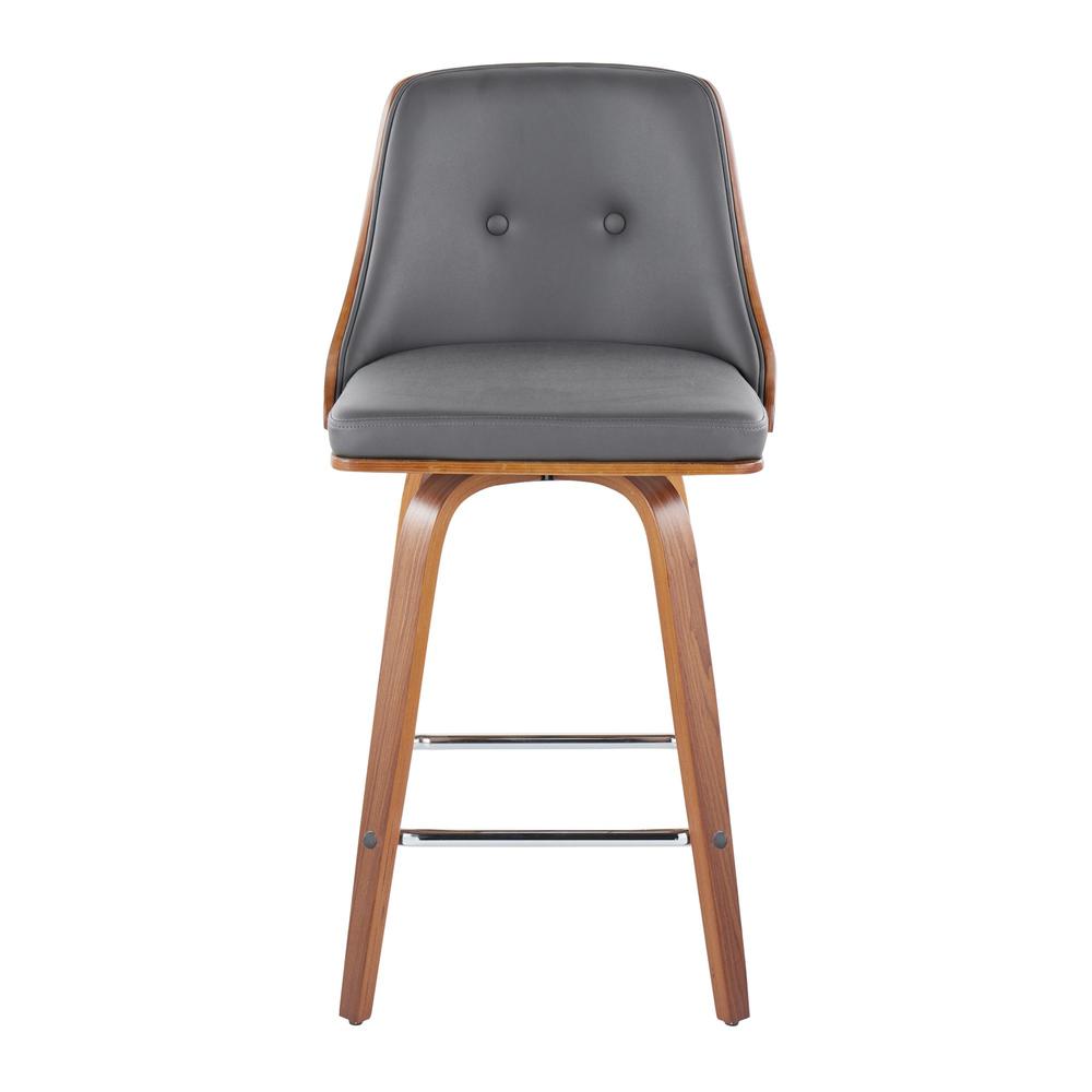 Walnut Wood, Chrome Metal, Grey PU Gianna Fixed-Height Counter Stool - Set of 2. Picture 6