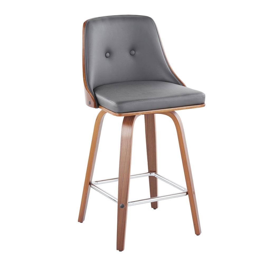 Walnut Wood, Chrome Metal, Grey PU Gianna Fixed-Height Counter Stool - Set of 2. Picture 2