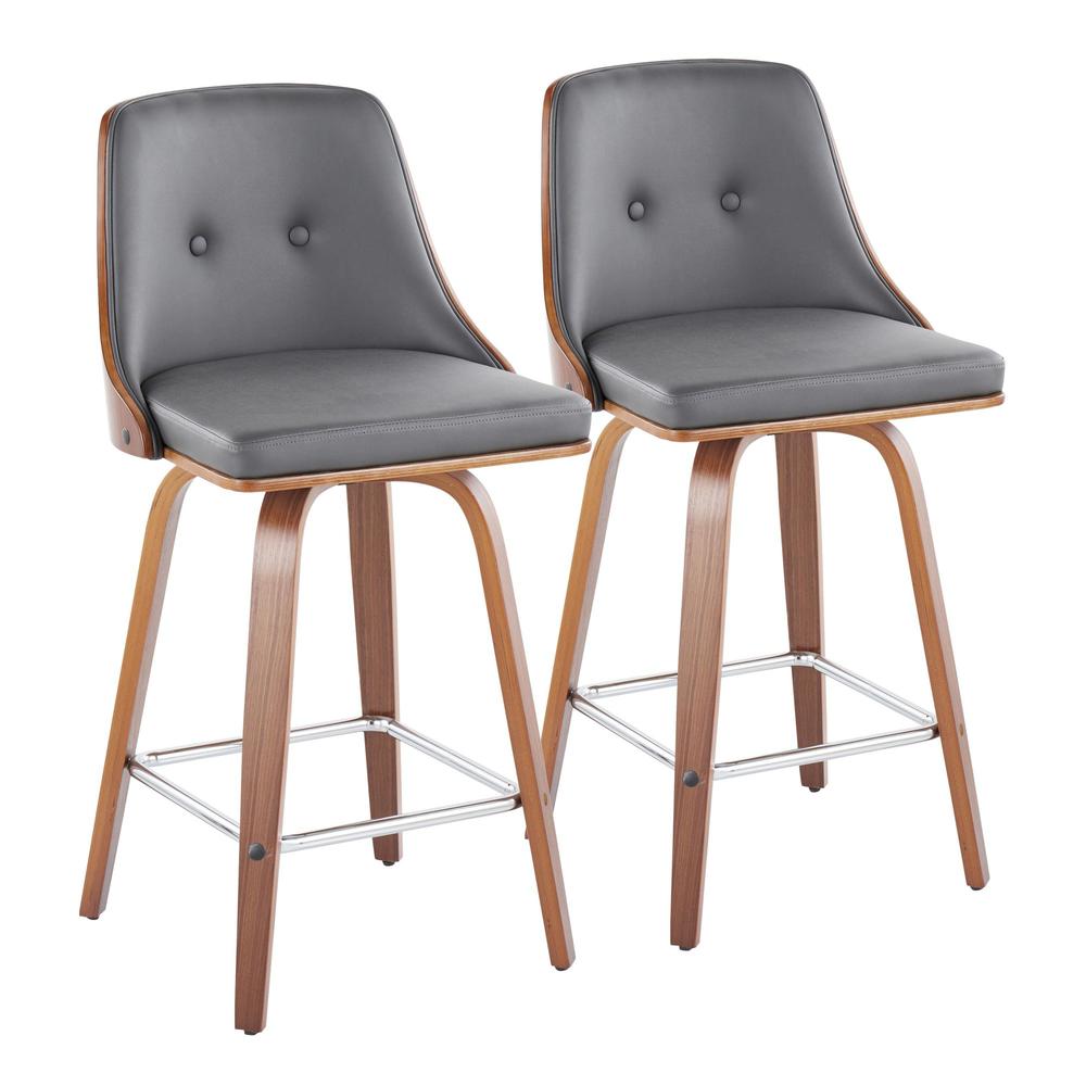 Walnut Wood, Chrome Metal, Grey PU Gianna Fixed-Height Counter Stool - Set of 2. Picture 1