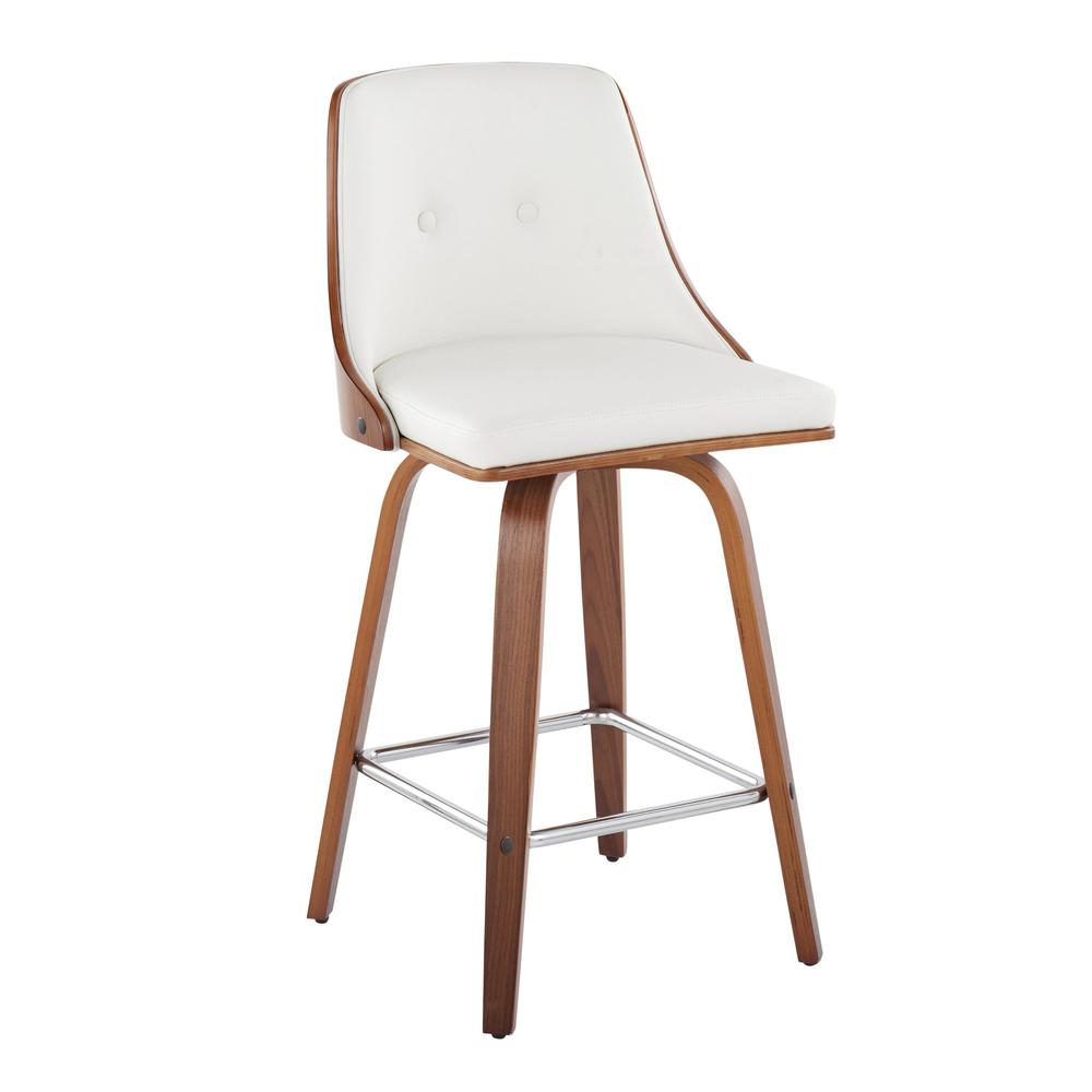 Walnut Wood, Chrome Metal, White PU Gianna Fixed-Height Counter Stool - Set of 2. Picture 2
