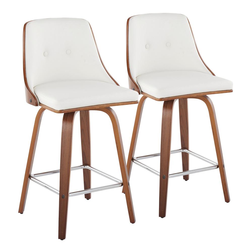 Walnut Wood, Chrome Metal, White PU Gianna Fixed-Height Counter Stool - Set of 2. Picture 1