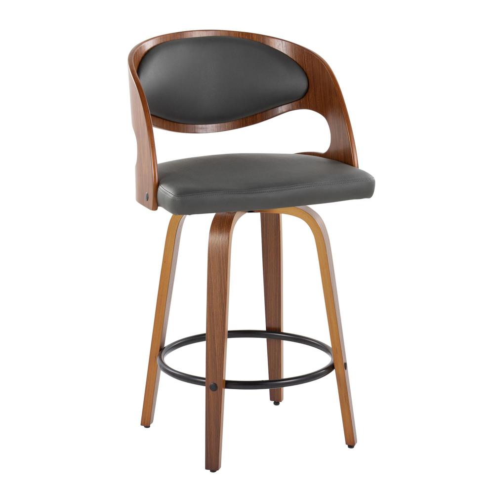 Walnut Wood, Grey PU Pino 26" Fixed-Height Counter Stool - Set of 2. Picture 2