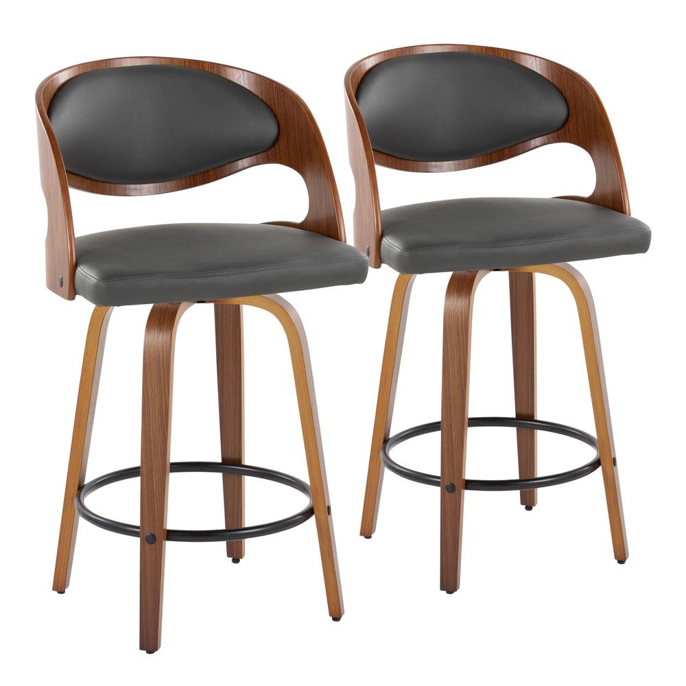 Walnut Wood, Grey PU Pino 26" Fixed-Height Counter Stool - Set of 2. Picture 1