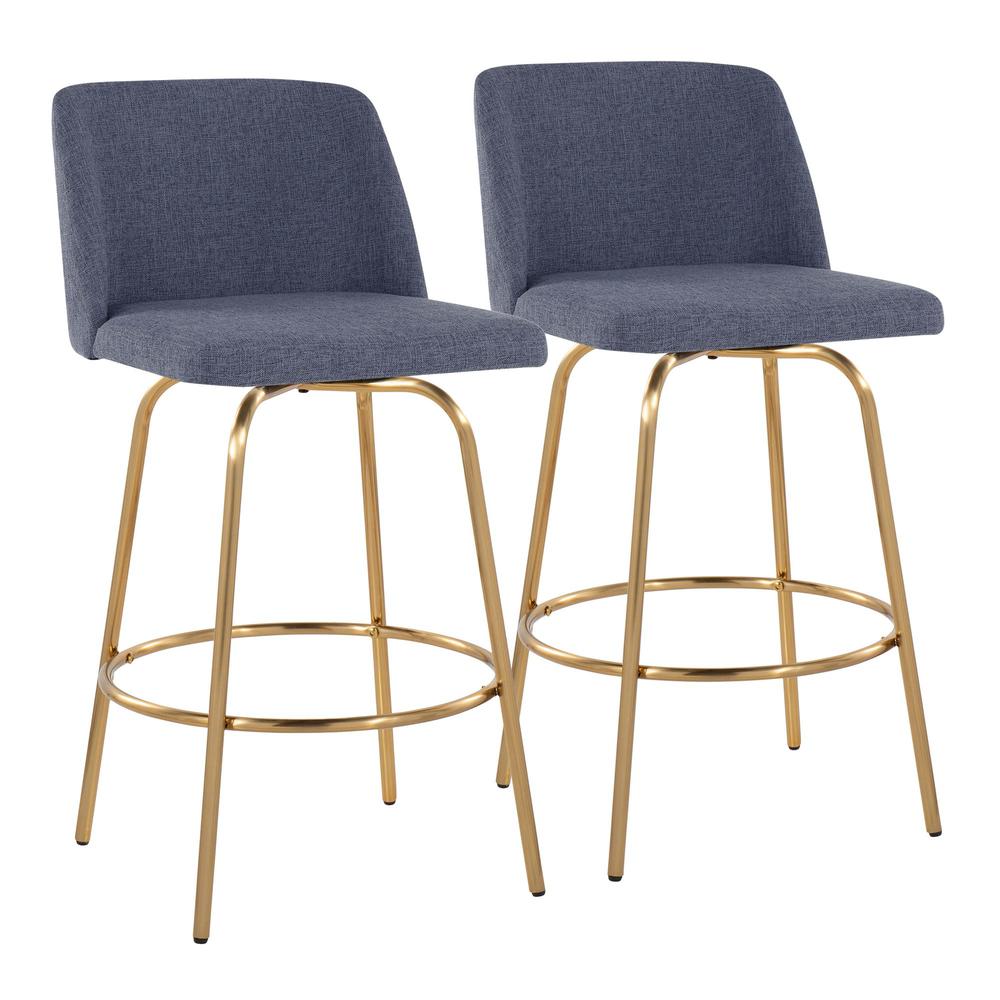 Blue Fabric, Gold Metal Toriano 26" Fixed-Height Counter Stool - Set of 2. Picture 1