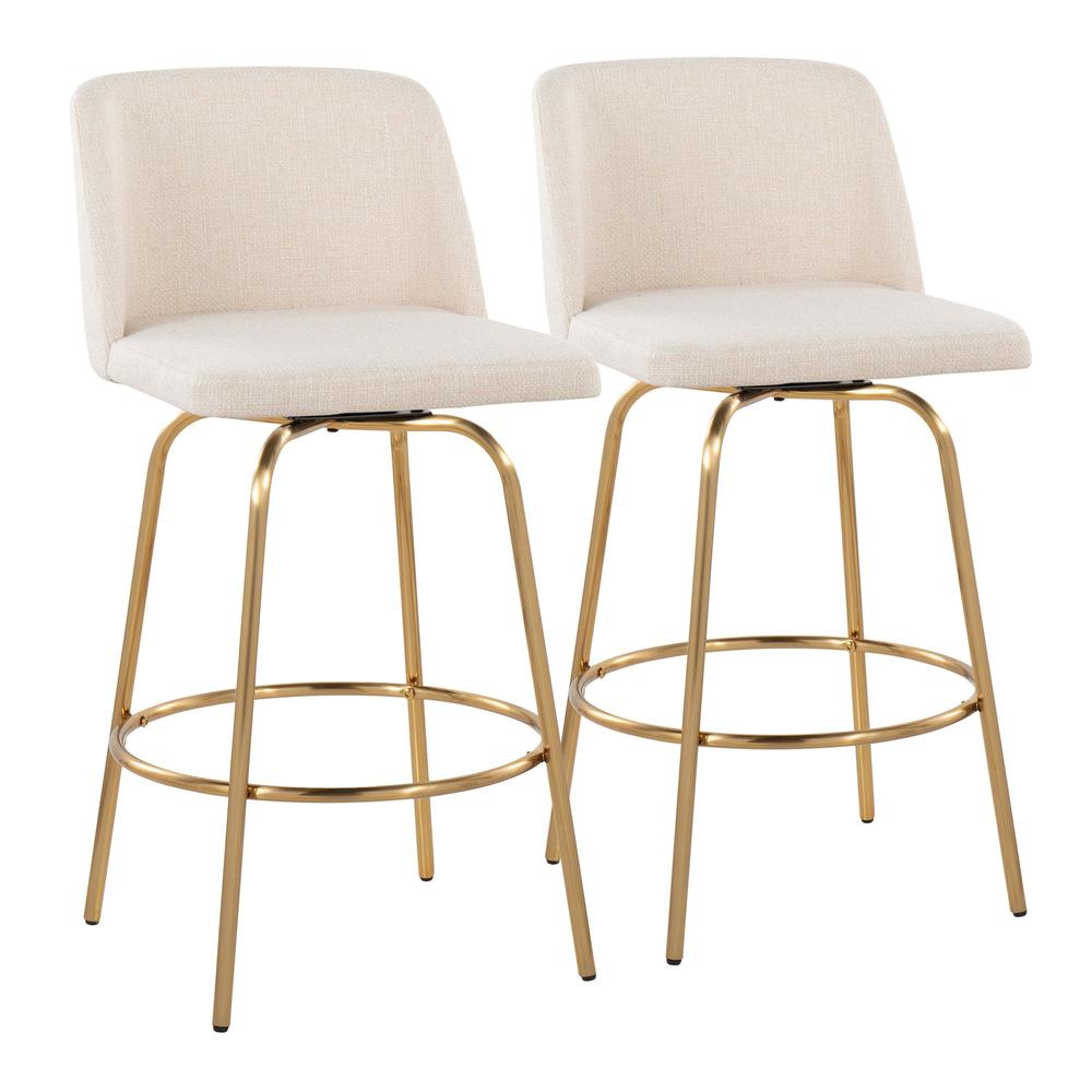 Cream Noise Fabric, Gold Metal Toriano 26" Fixed-Height Counter Stool - Set of 2. Picture 1