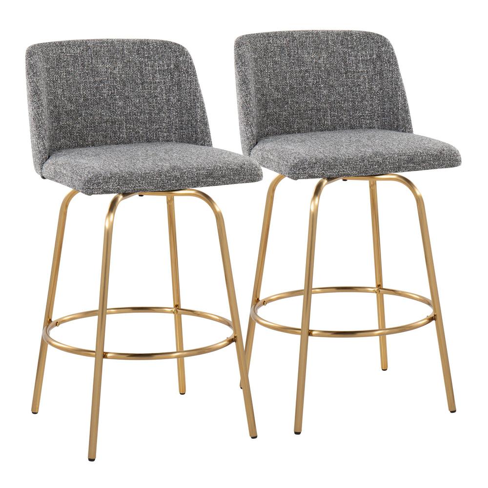 Grey Noise Fabric, Gold Metal Toriano 26" Fixed-Height Counter Stool - Set of 2. Picture 1