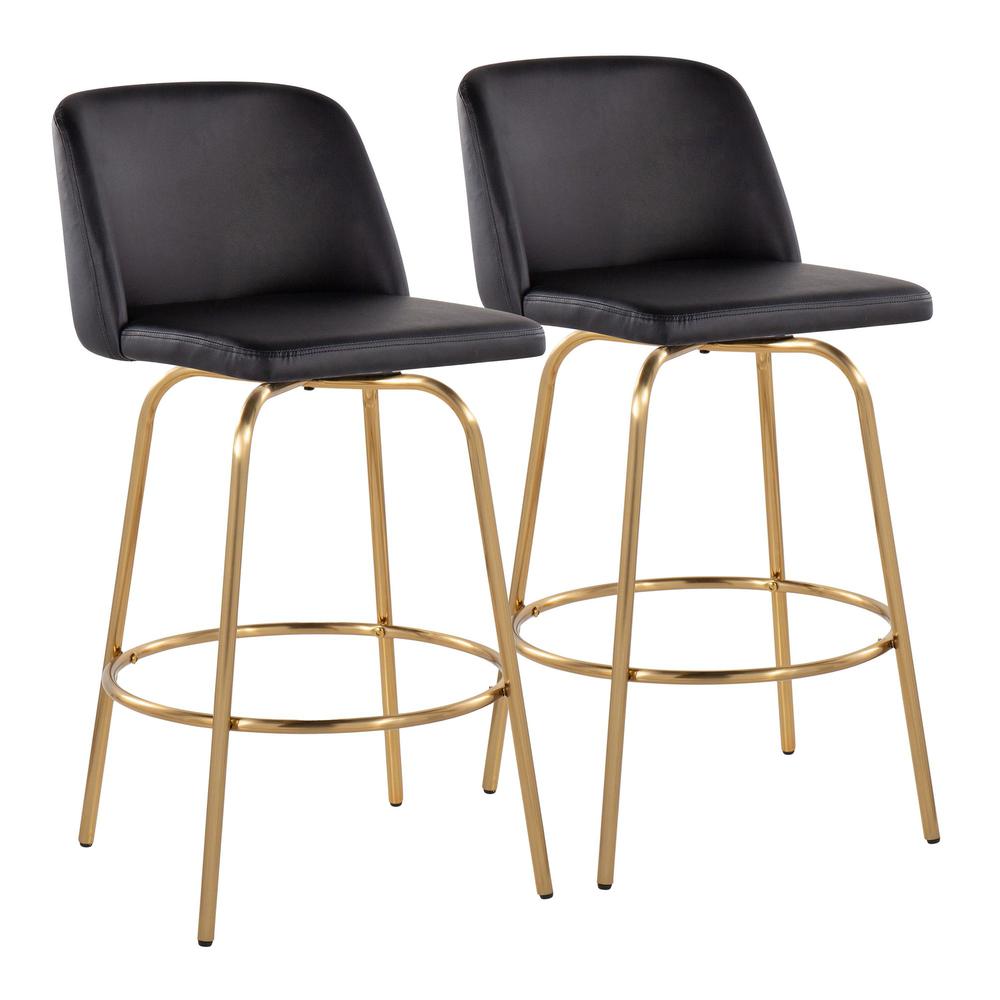 Black PU, Gold Metal Toriano 26" Fixed-Height Counter Stool - Set of 2. Picture 1