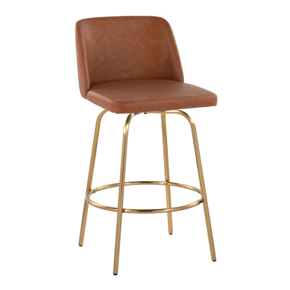 Camel PU, Gold Metal Toriano 26" Fixed-Height Counter Stool - Set of 2. Picture 2