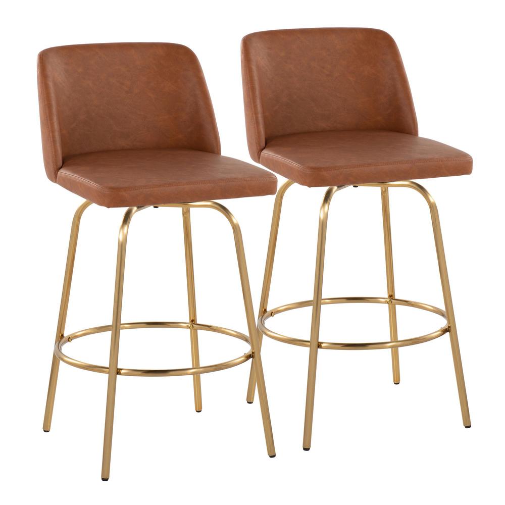 Camel PU, Gold Metal Toriano 26" Fixed-Height Counter Stool - Set of 2. Picture 1