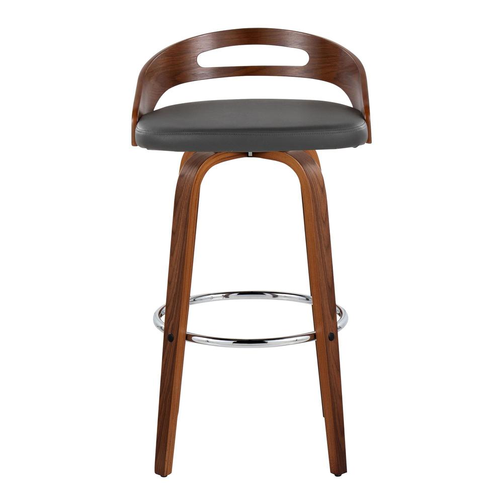 Walnut Wood, Grey PU, Chrome Metal Cassis 30" Fixed-Height Barstool - Set of 2. Picture 6