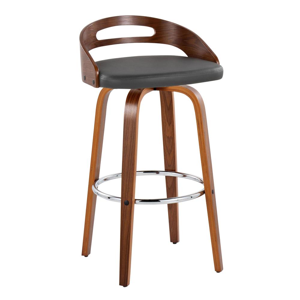 Walnut Wood, Grey PU, Chrome Metal Cassis 30" Fixed-Height Barstool - Set of 2. Picture 2