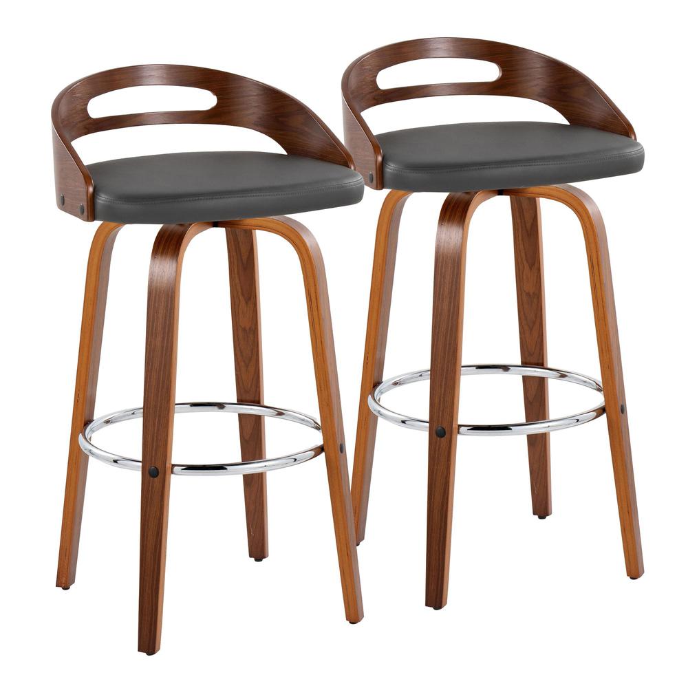 Walnut Wood, Grey PU, Chrome Metal Cassis 30" Fixed-Height Barstool - Set of 2. Picture 1
