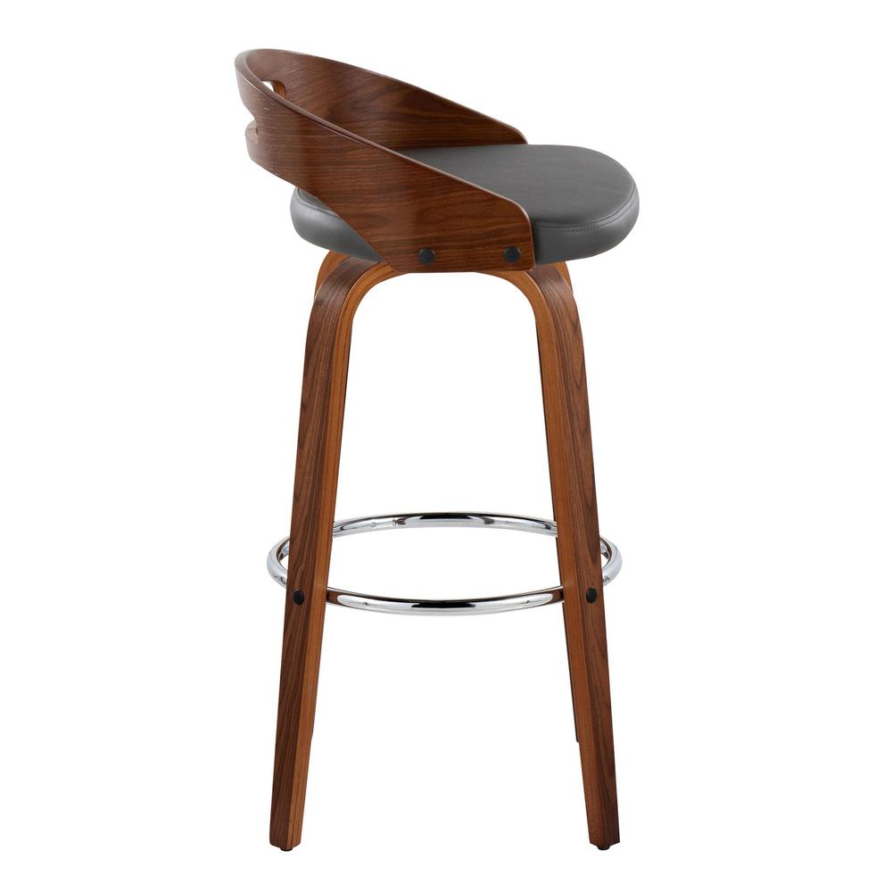 Walnut Wood, Grey PU, Chrome Metal Cassis 30" Fixed-Height Barstool - Set of 2. Picture 3