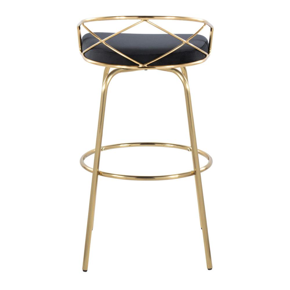Gold Metal, Black Velvet Charlotte Glam 30" Fixed-Height Barstool - Set of 2. Picture 5