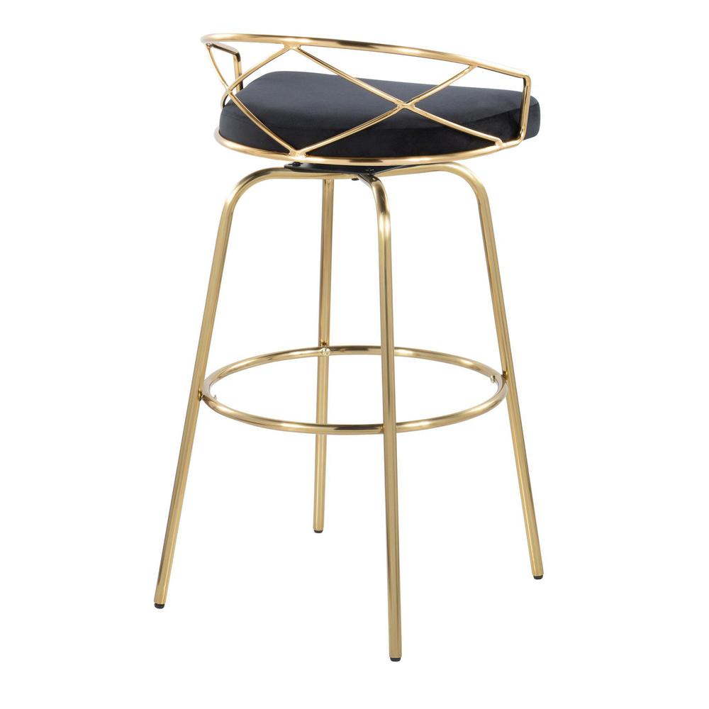 Gold Metal, Black Velvet Charlotte Glam 30" Fixed-Height Barstool - Set of 2. Picture 4
