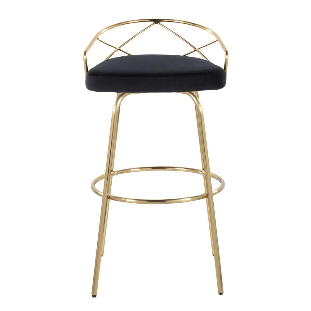 Gold Metal, Black Velvet Charlotte Glam 30" Fixed-Height Barstool - Set of 2. Picture 6