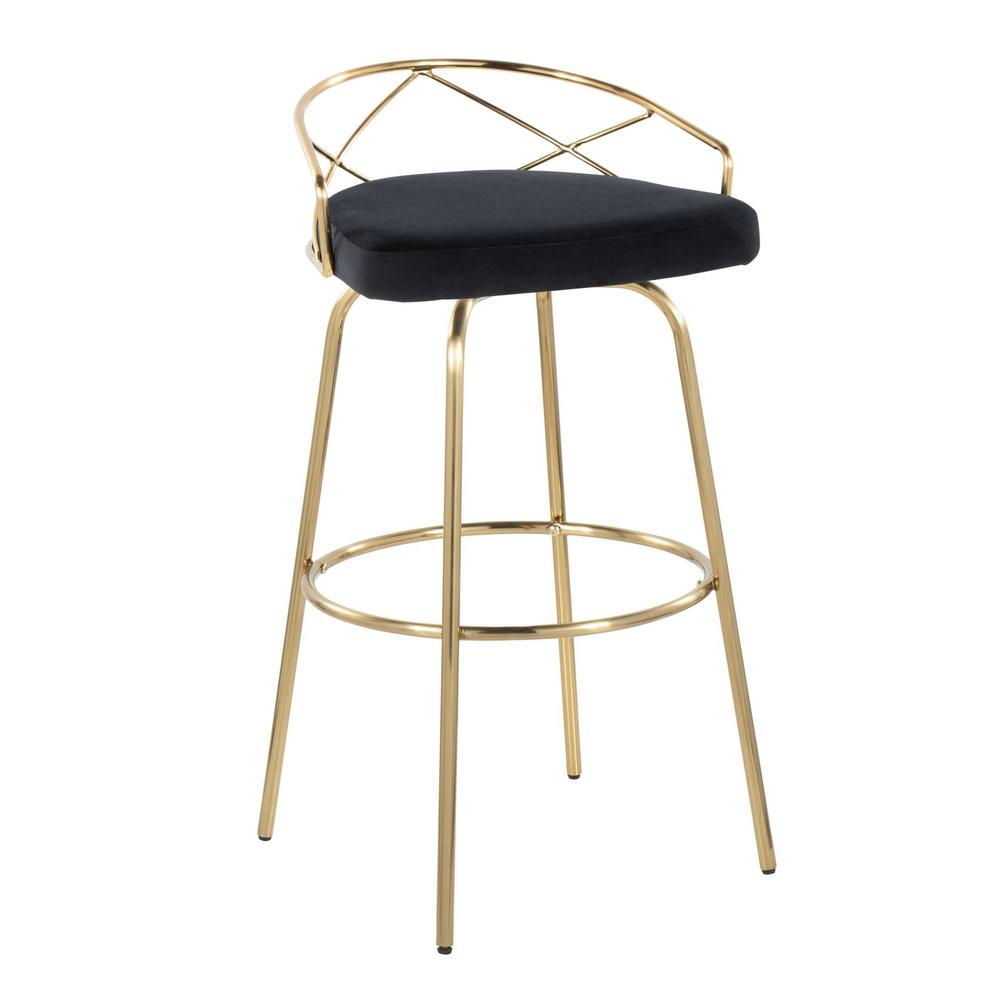 Gold Metal, Black Velvet Charlotte Glam 30" Fixed-Height Barstool - Set of 2. Picture 2