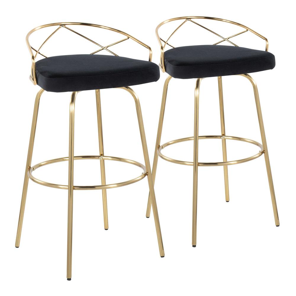 Gold Metal, Black Velvet Charlotte Glam 30" Fixed-Height Barstool - Set of 2. Picture 1