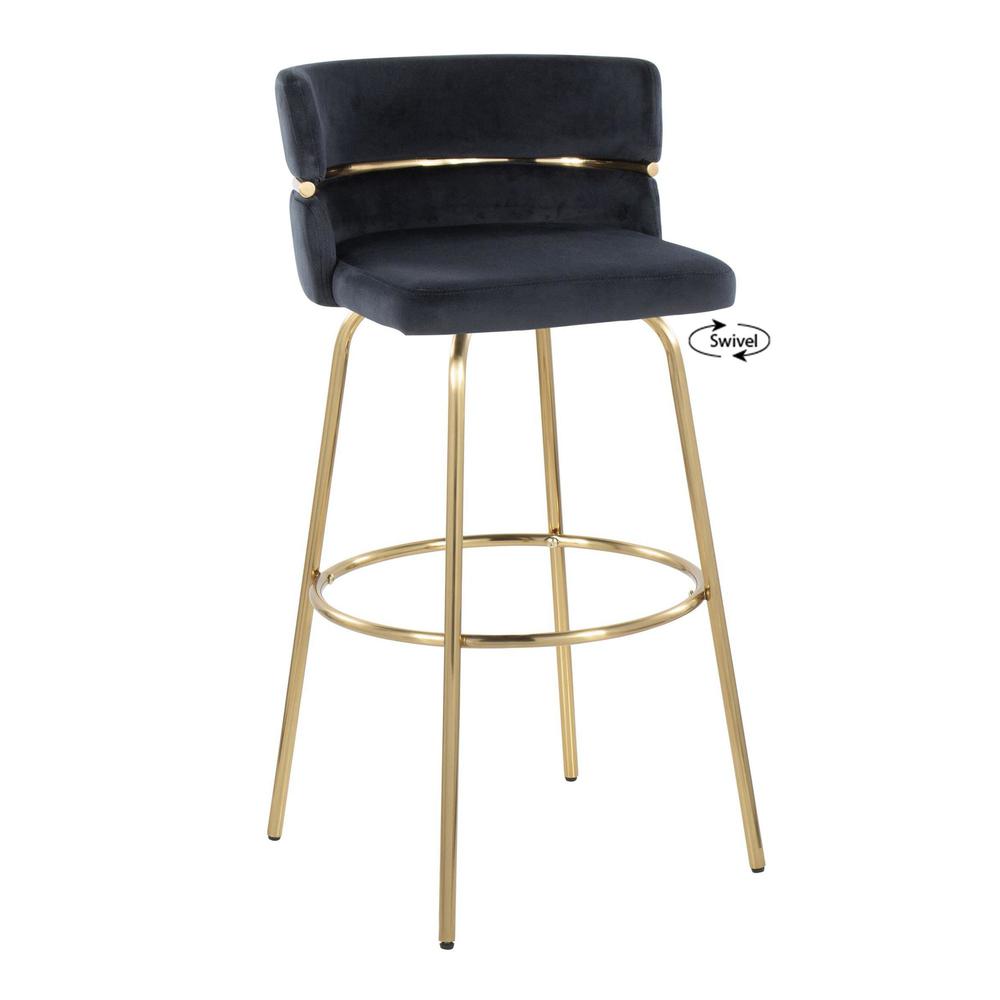 Gold Metal, Black Velvet Cinch Claire 30" Fixed-Height Barstool - Set of 2. Picture 2