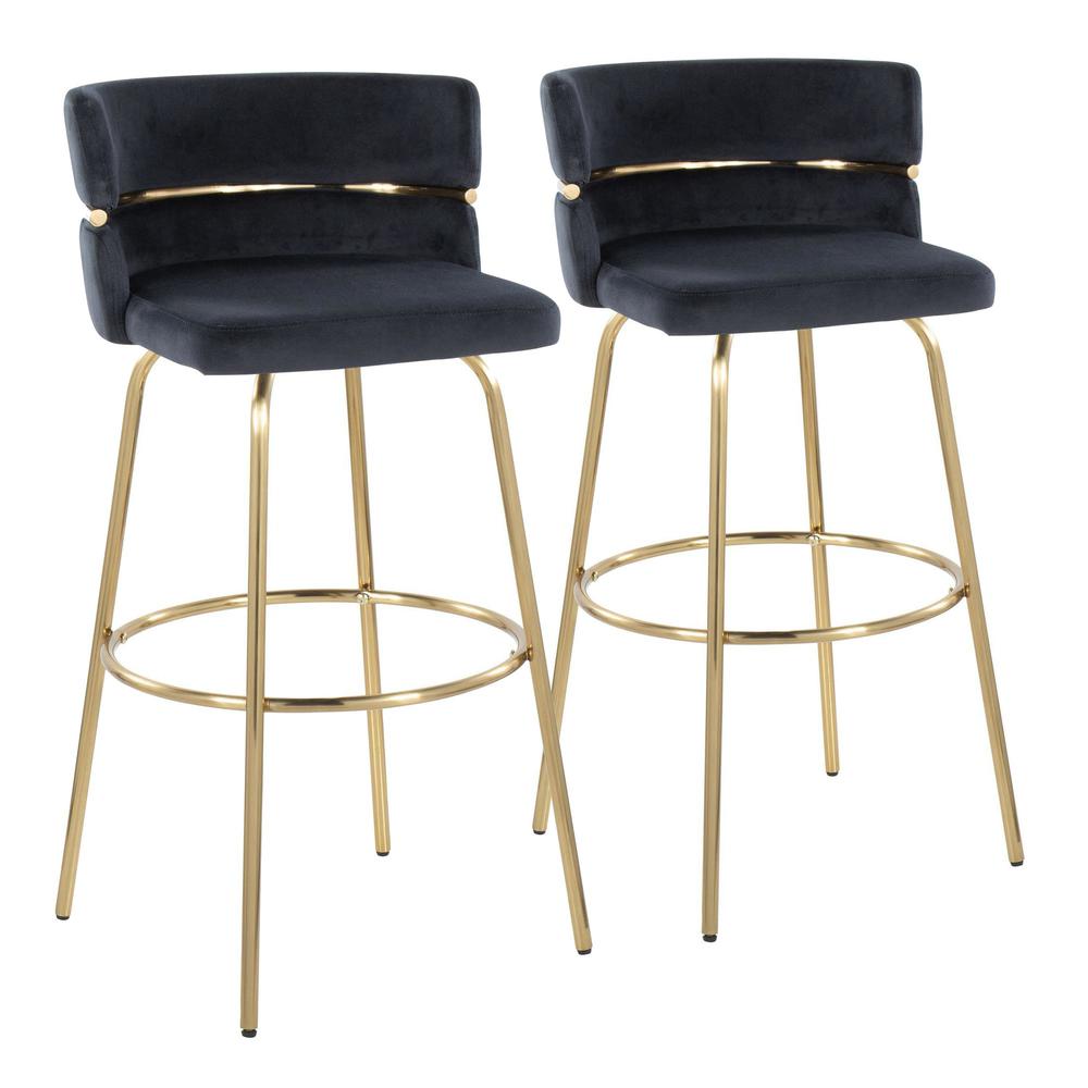 Gold Metal, Black Velvet Cinch Claire 30" Fixed-Height Barstool - Set of 2. Picture 1