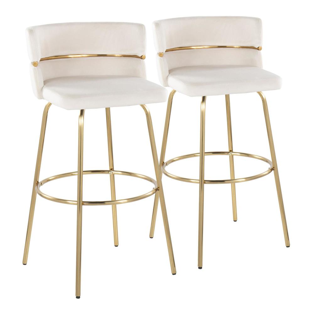 Gold Metal, Cream Velvet Cinch Claire 30" Fixed-Height Barstool - Set of 2. Picture 1
