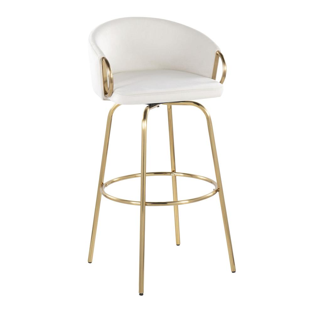 Gold Metal, Cream Velvet Claire 30" Fixed-Height Barstool - Set of 2. Picture 2