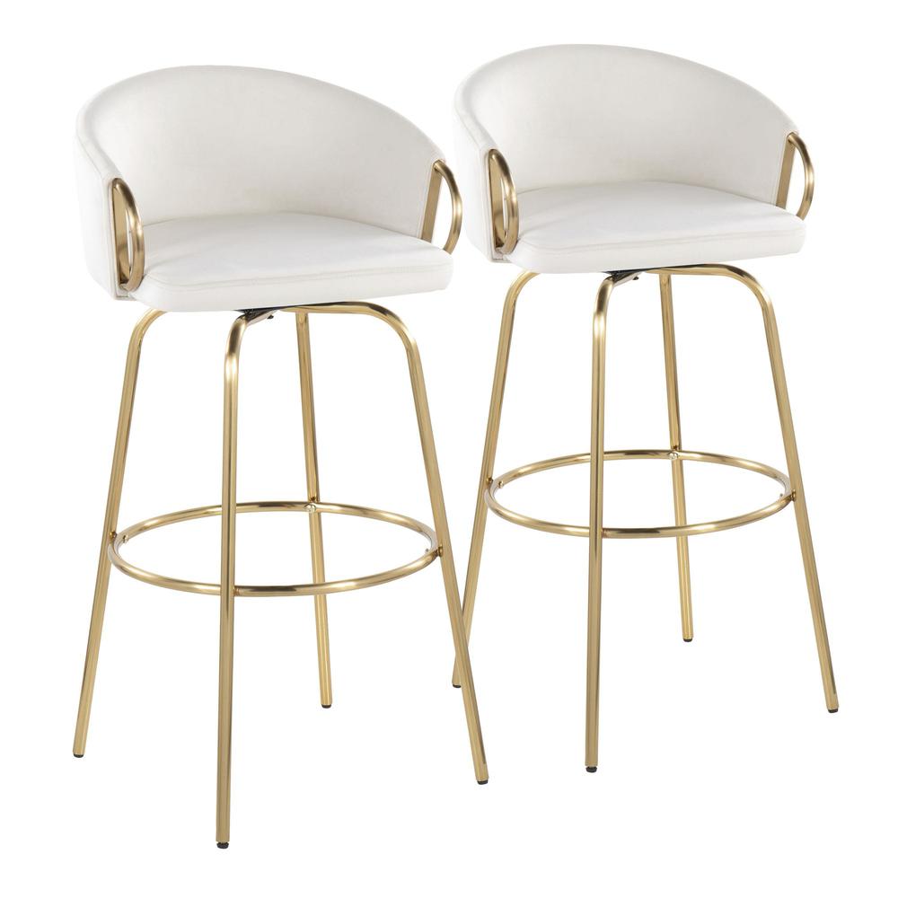 Gold Metal, Cream Velvet Claire 30" Fixed-Height Barstool - Set of 2. Picture 1